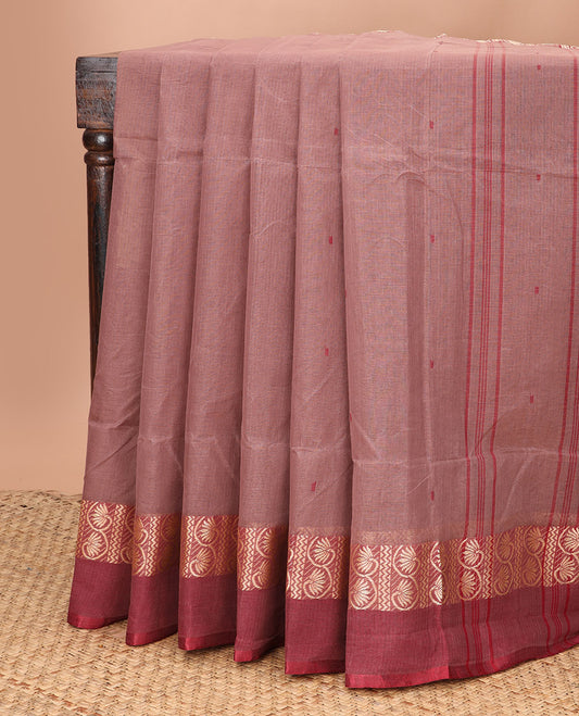 Pale brown thread buttas Bengal cotton saree, contrast floral creeper zari border, and pallu of stripes