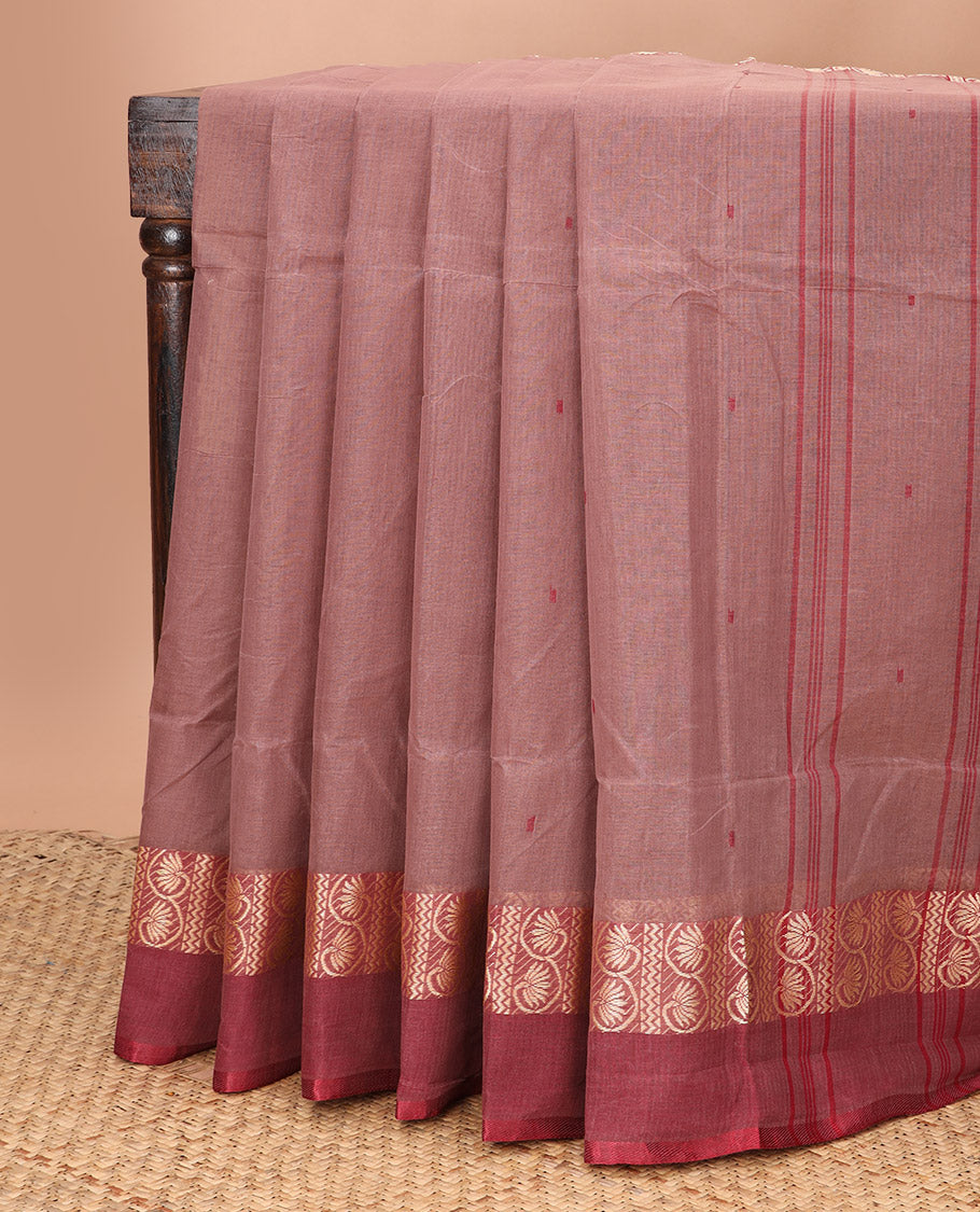 Pale brown thread buttas Bengal cotton saree, contrast floral creeper zari border, and pallu of stripes