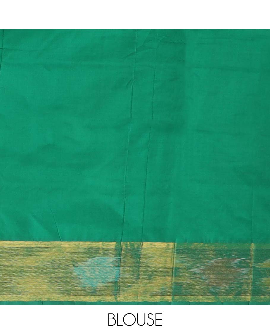 Pink checked design poly cotton saree, floral creeper border, and thick zari striped pallu