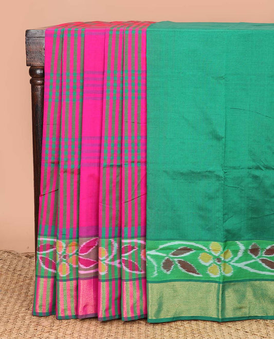 Pink checked design poly cotton saree, floral creeper border, and thick zari striped pallu