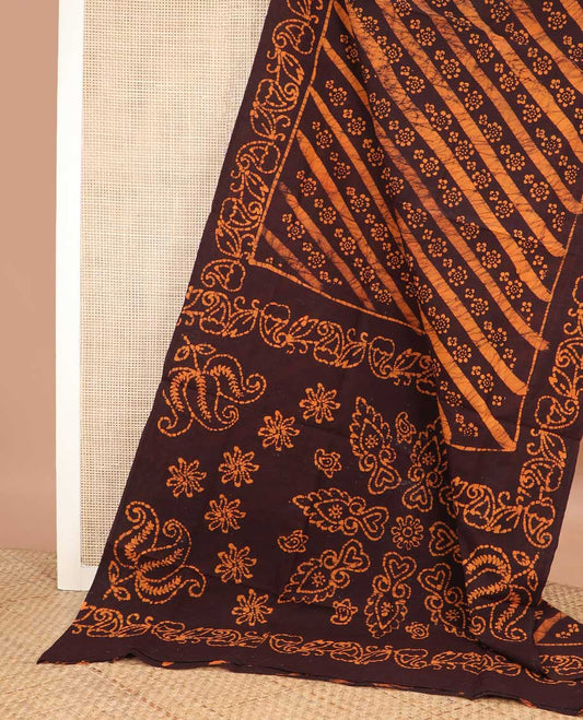 Brown batik printed sungudi cotton saree,  batik printed border, and batik printed pallu