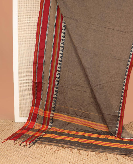 Brown plain Narayanapet cotton saree, contrast temple motifs woven big down border, and striped pallu