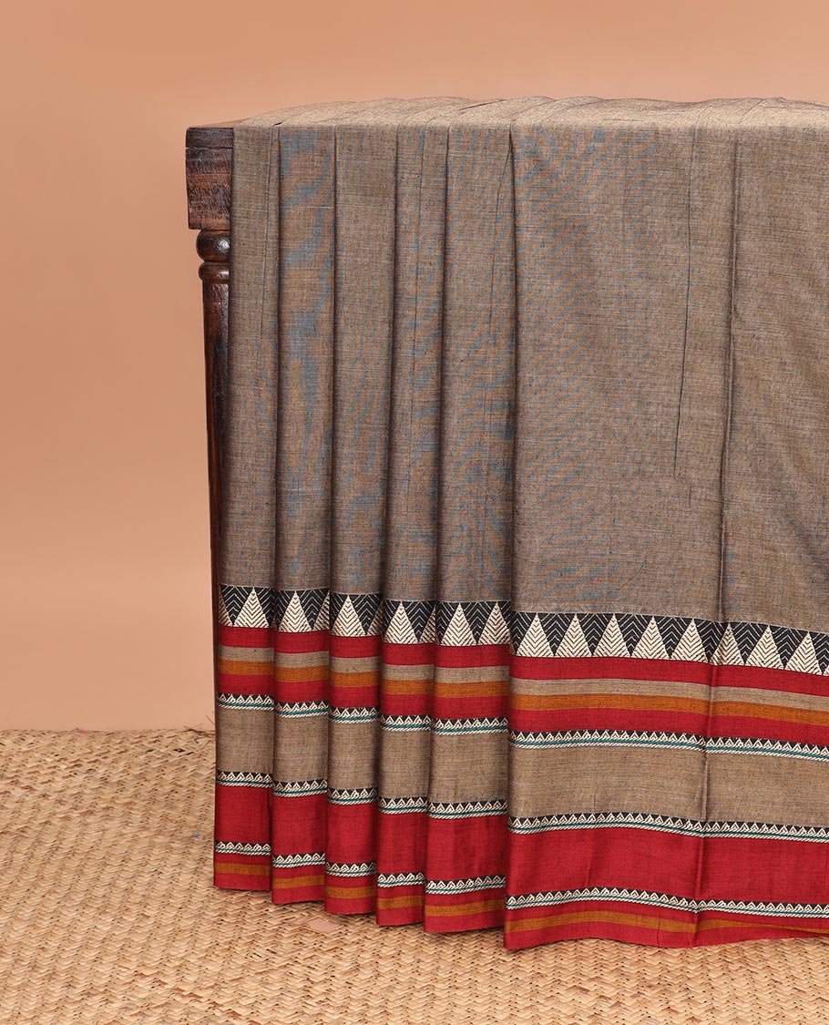 Brown plain Narayanapet cotton saree, contrast temple motifs woven big down border, and striped pallu