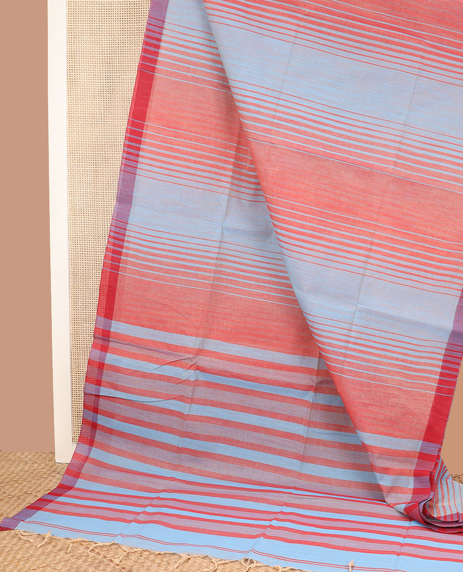 Light blue, and red striped jute cotton saree, striped self-border, and striped pallu