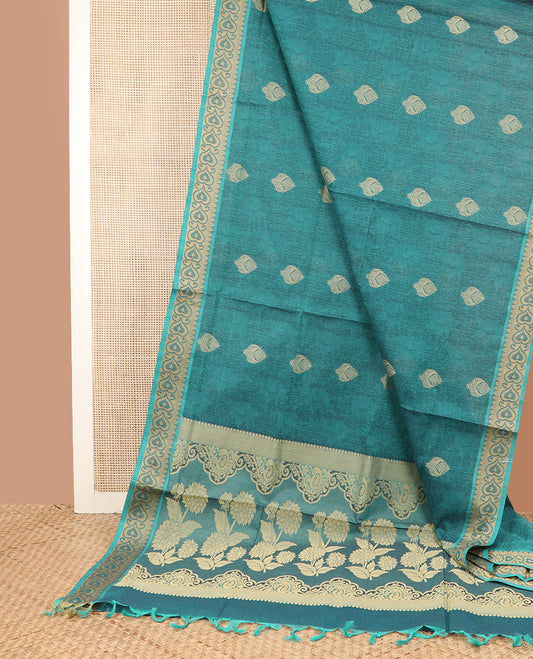 Blue buttas and jaal design Coimbatore Cotton saree, traditional border, and pallu of floral designs