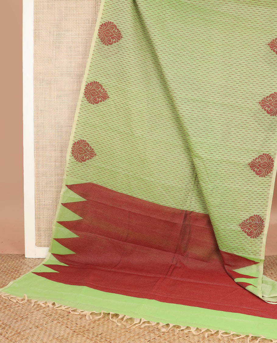 Borderless green unique buttas kanchi cotton saree, contrast temple design pallu