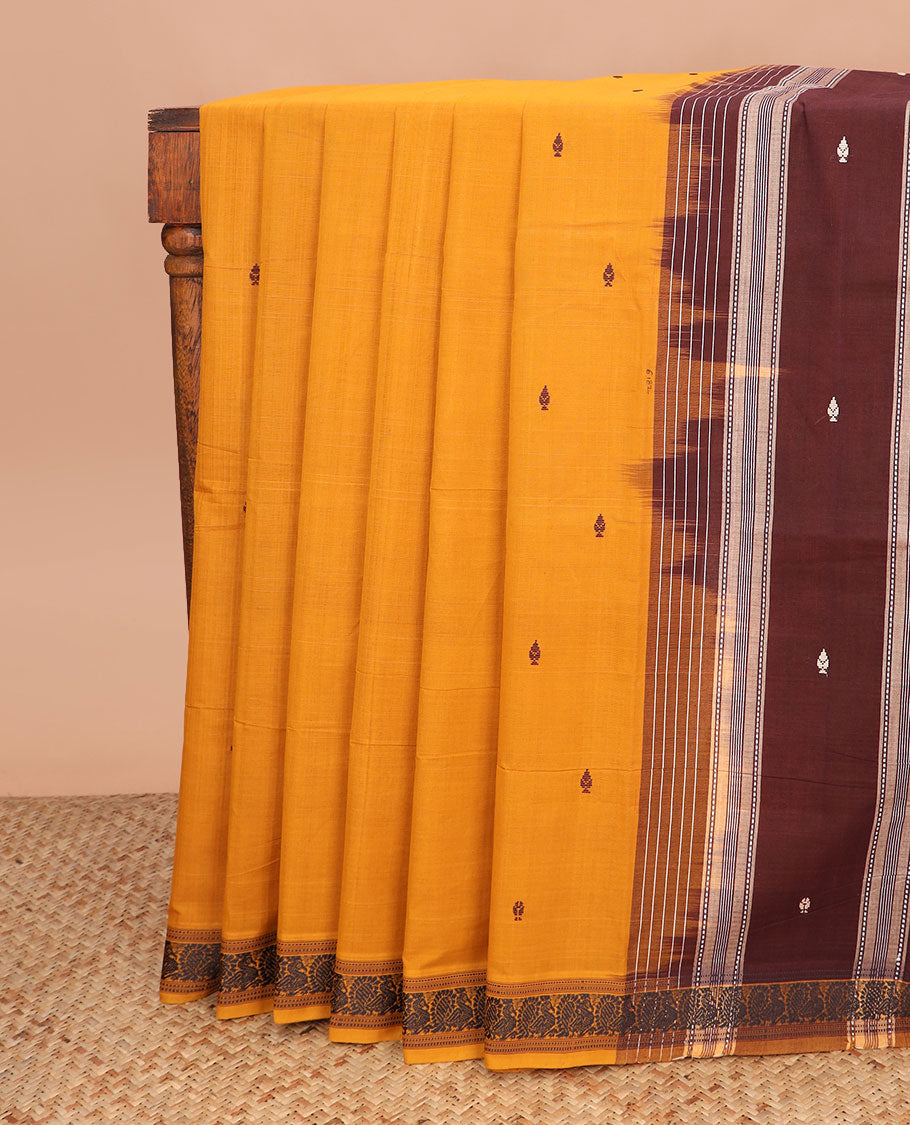 Orange buttas Andhra cotton saree, peacock motifs border, and contrast striped with buttas pallu