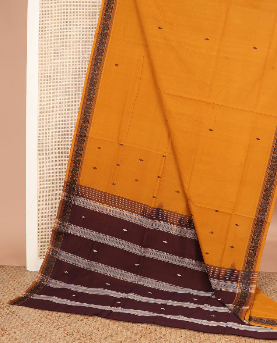 Orange buttas Andhra cotton saree, peacock motifs border, and contrast striped with buttas pallu