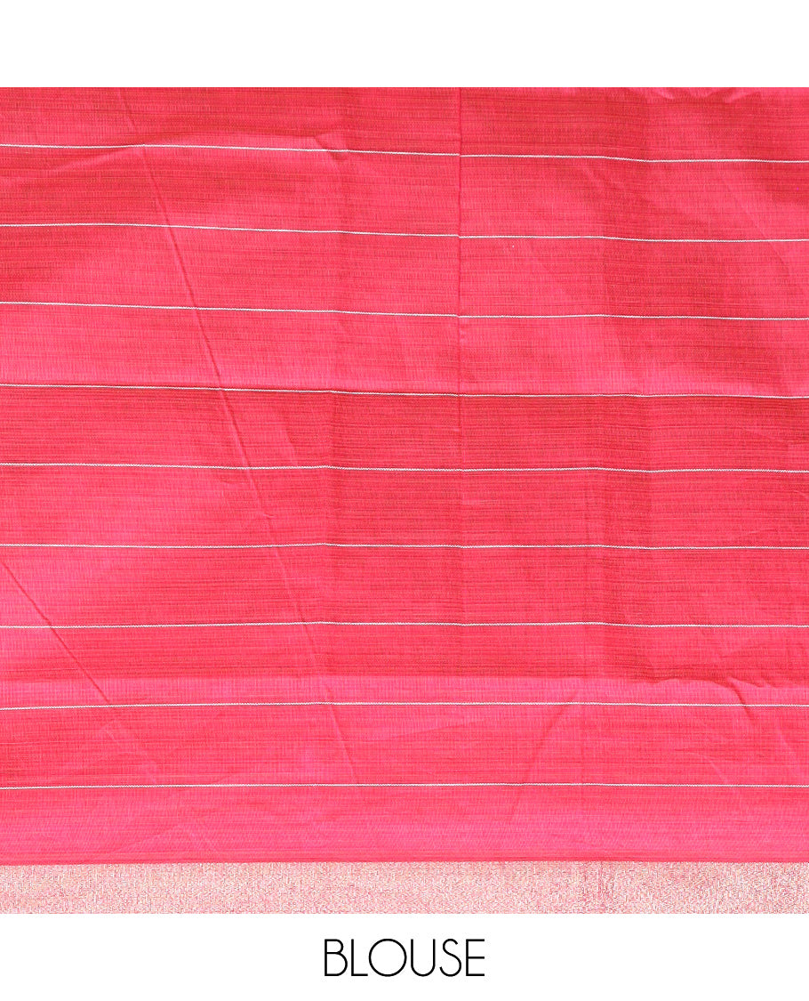 Parrot green checked with floral embroidered chirala cotton saree, plain border, and contrast striped pallu