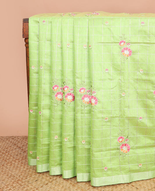Parrot green checked with floral embroidered chirala cotton saree, plain border, and contrast striped pallu