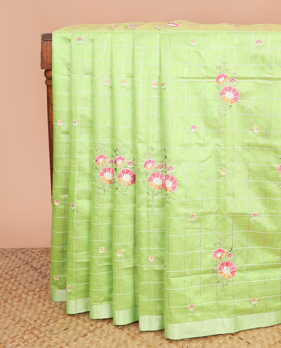 Parrot green checked with floral embroidered chirala cotton saree, plain border, and contrast striped pallu