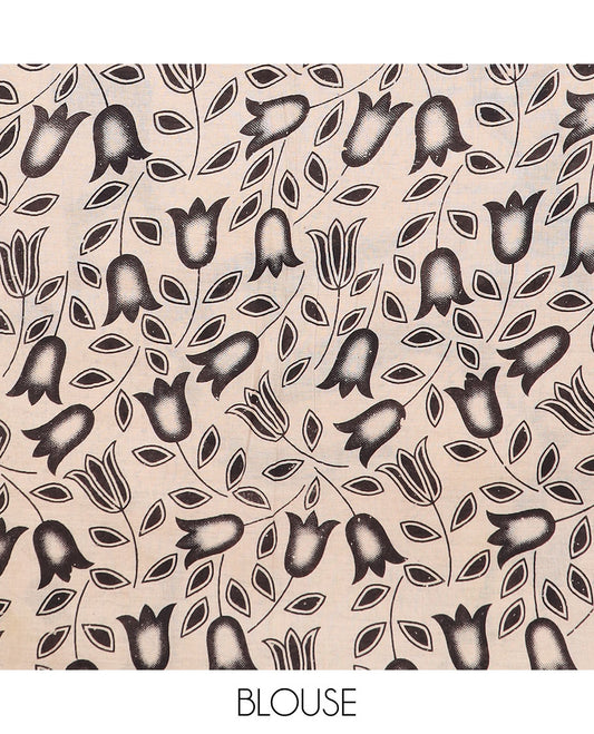 Deep green floral vine machine-printed kalamkari cotton saree, floral creeper printed border, and pallu of animal motifs print