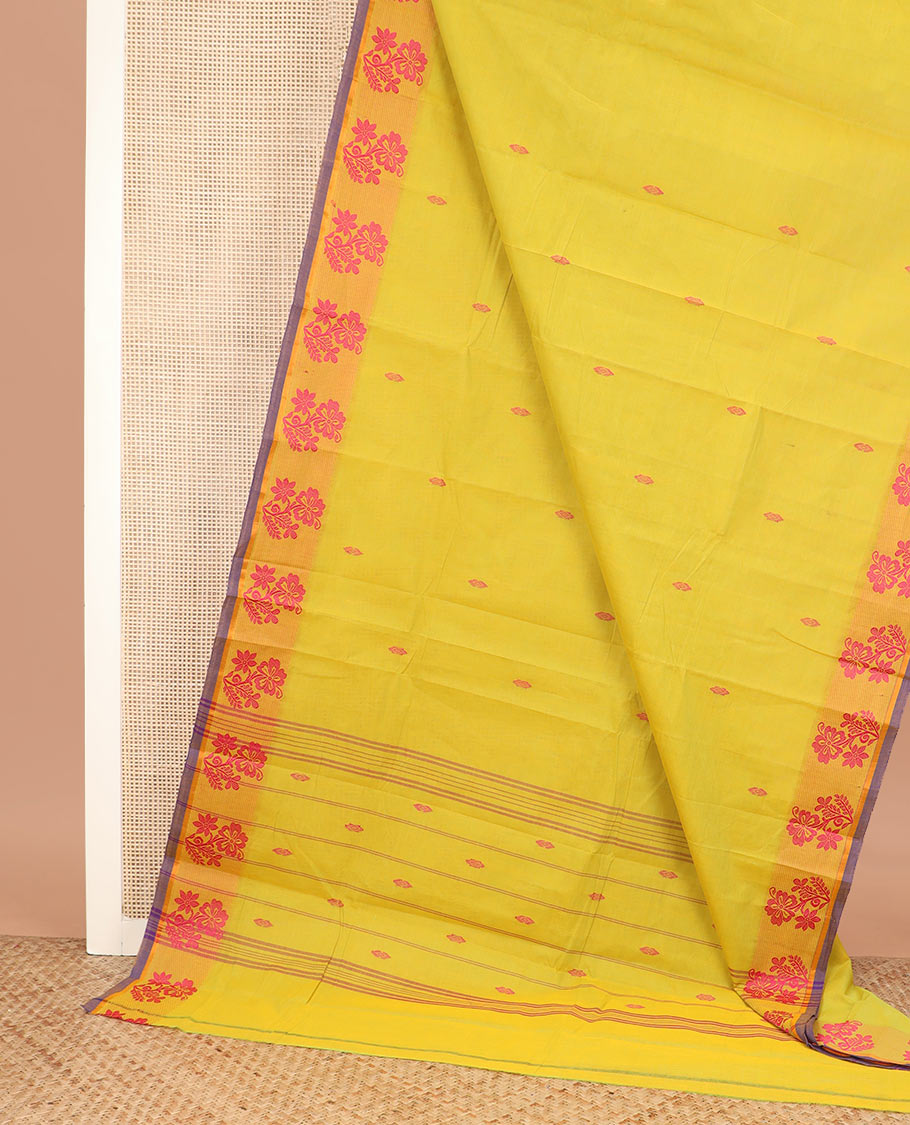 Yellow thread buttas Chettinad cotton saree, contrast floral design border, and striped pallu
