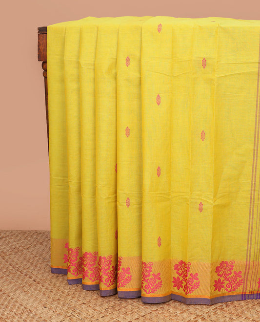 Yellow thread buttas Chettinad cotton saree, contrast floral design border, and striped pallu