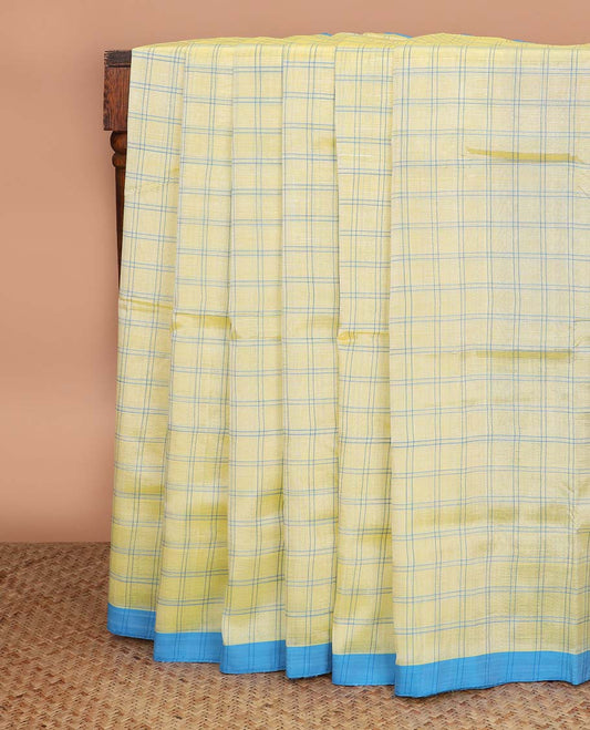 Light lime yellow checked Mangalagiri cotton saree with contrast temple border, and striped pallu