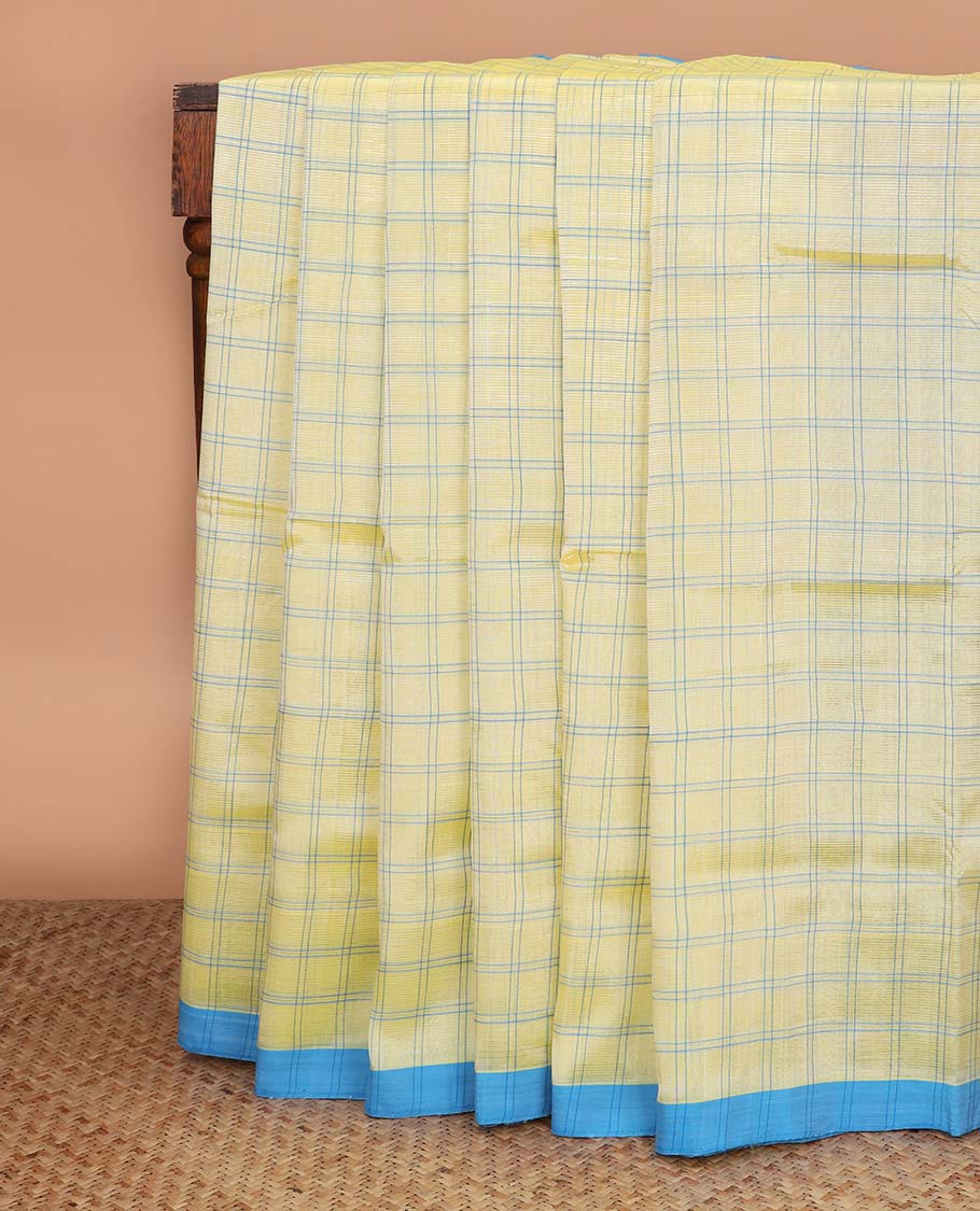 Light lime yellow checked Mangalagiri cotton saree with contrast temple border, and striped pallu