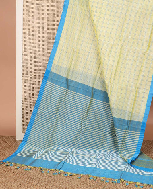 Light lime yellow checked Mangalagiri cotton saree with contrast temple border, and striped pallu