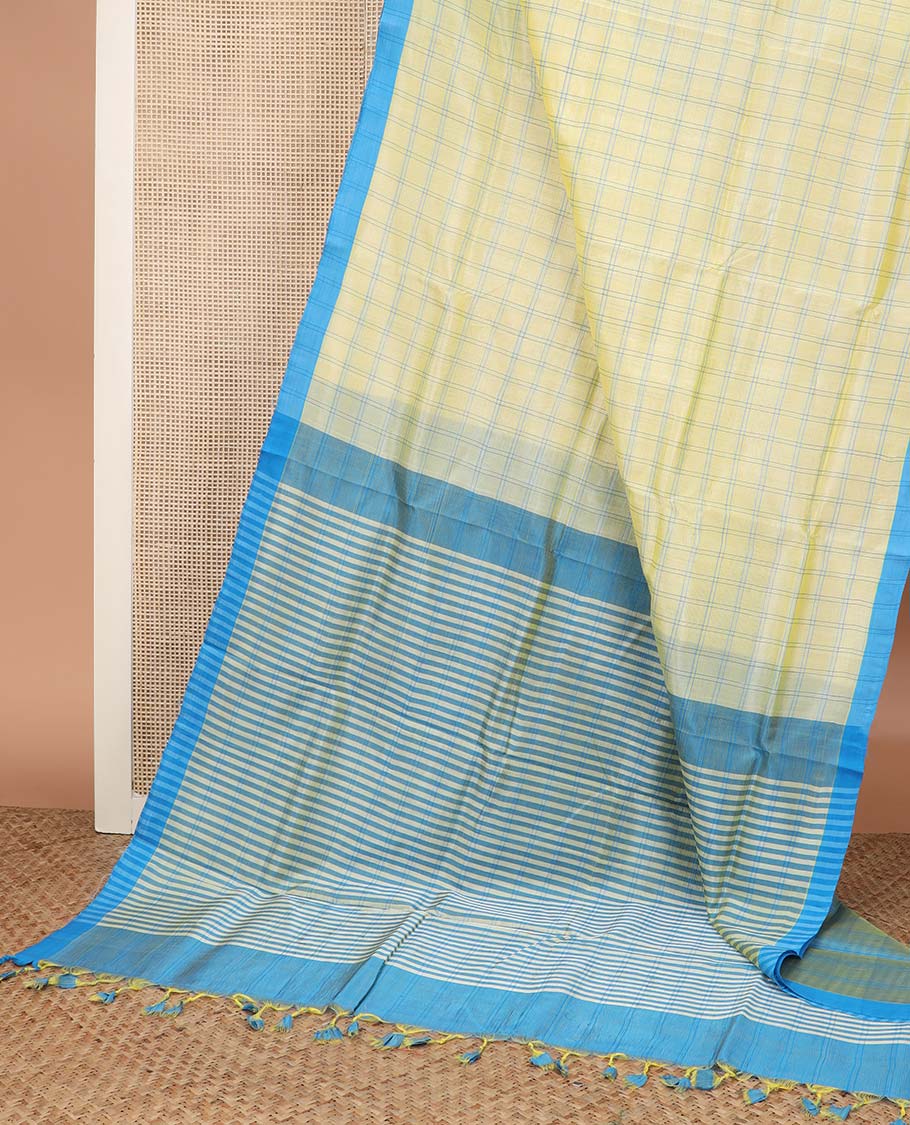 Light lime yellow checked Mangalagiri cotton saree with contrast temple border, and striped pallu