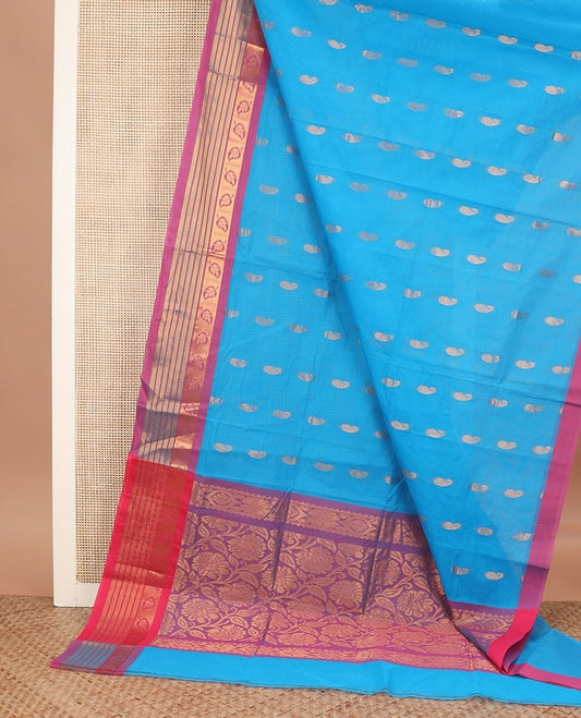 Azure blue paisley zari buttas Venkatagiri cotton saree, contrast traditional zari border, and floral jaal pallu