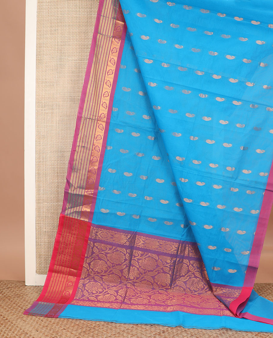 Azure blue paisley zari buttas Venkatagiri cotton saree, contrast traditional zari border, and floral jaal pallu