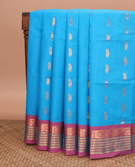 Azure blue paisley zari buttas Venkatagiri cotton saree, contrast traditional zari border, and floral jaal pallu