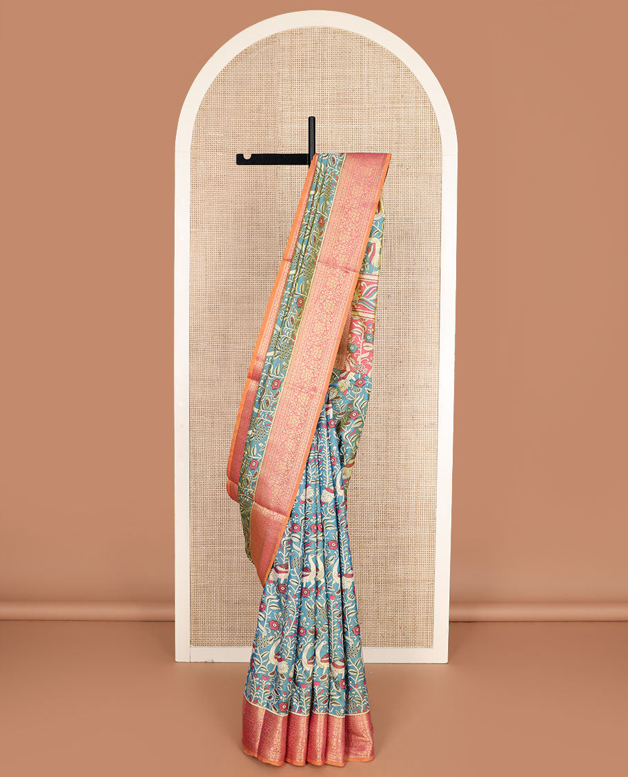 Blue flora and fauna motifs patola silk saree, contrast floral design zari border, and pallu of floral and bird motifs