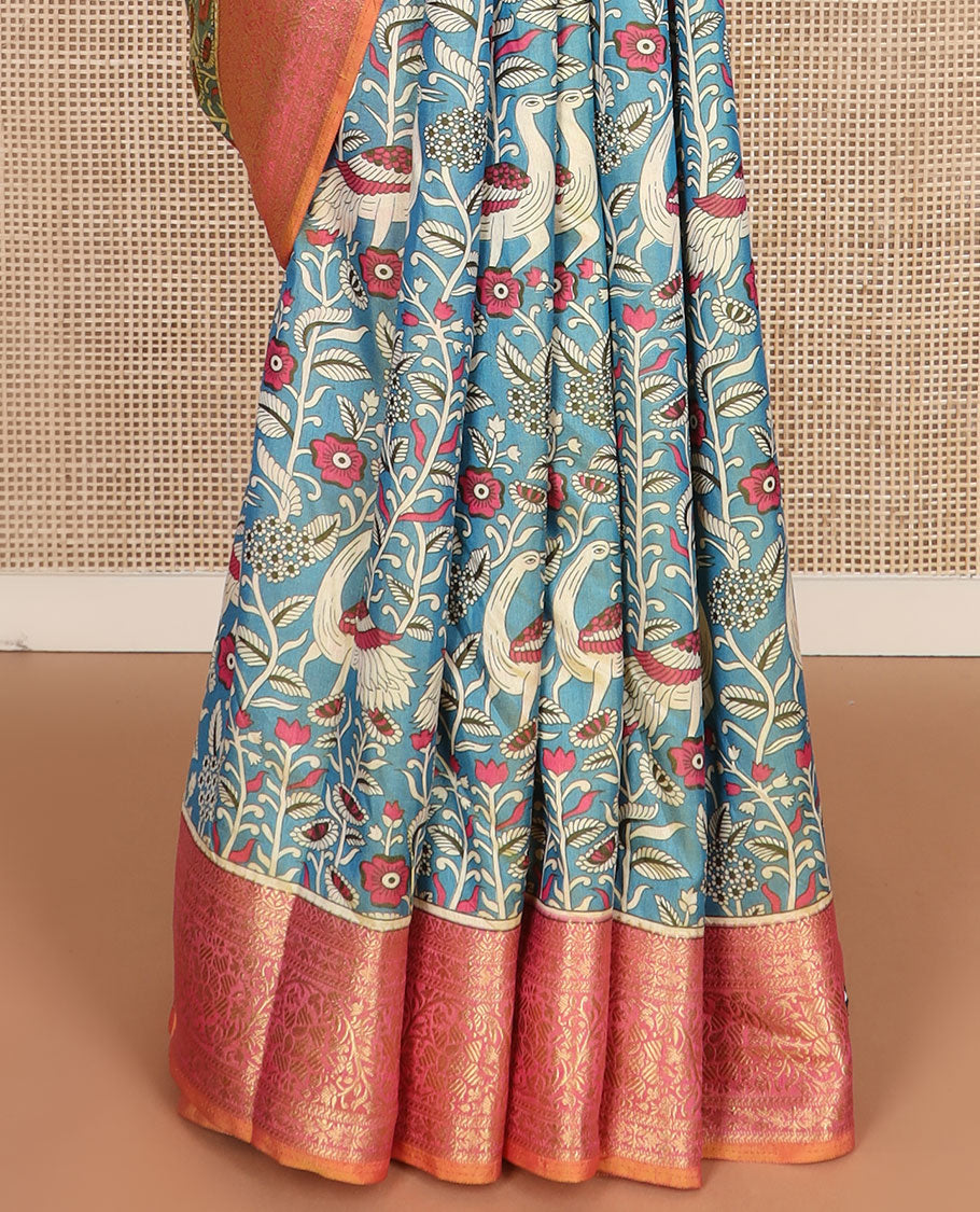 Blue flora and fauna motifs patola silk saree, contrast floral design zari border, and pallu of floral and bird motifs