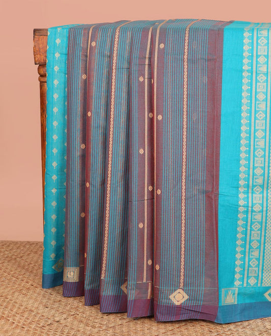 Maroon Coimbatore Cotton Saree, Richly Detailed with Traditional Stripes All Over Its Body, Subtly Bordered with Geometric Patterns, Complemented by Pallu of Jaal Designs, and Paired with a Contrast Blouse