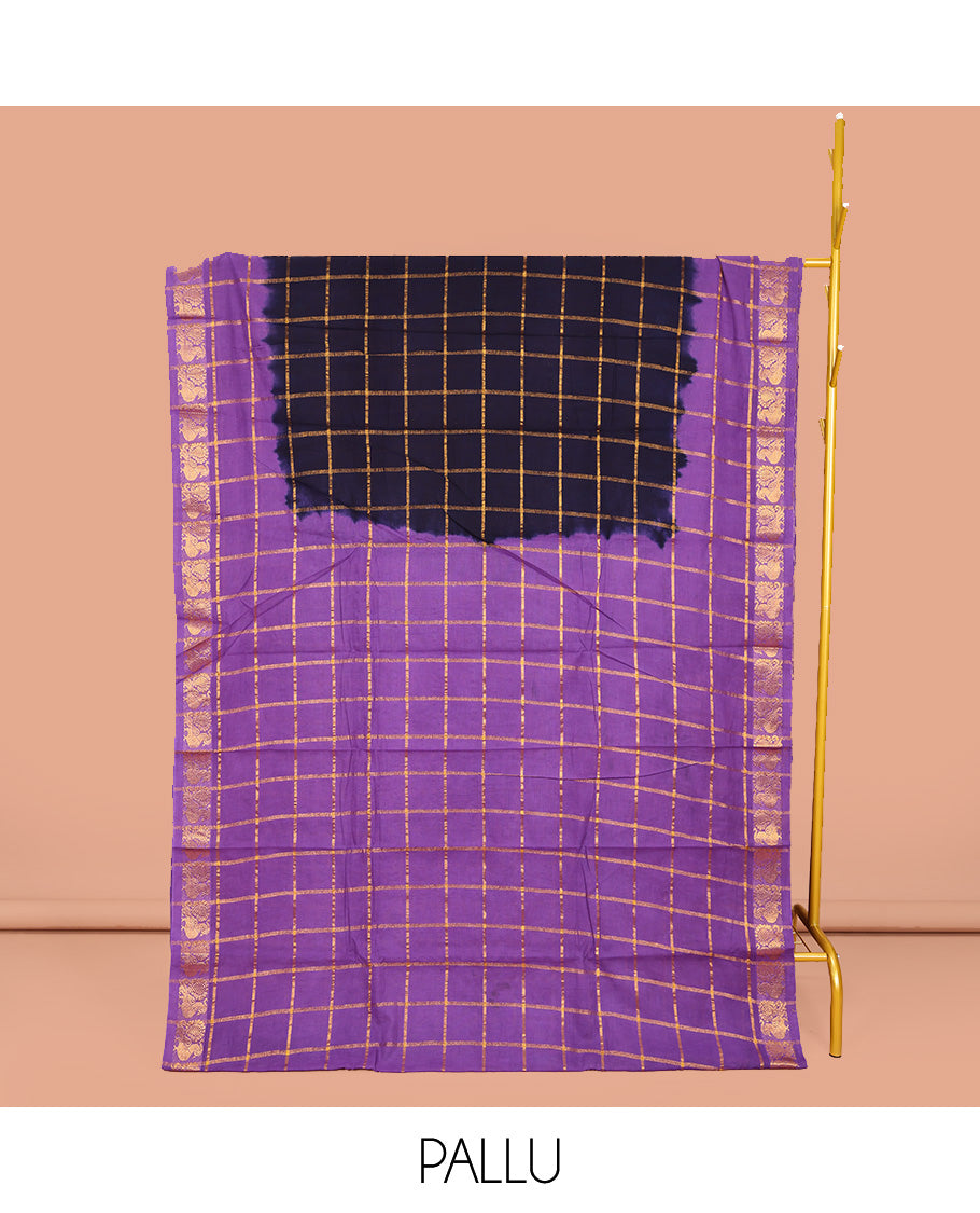 Blue Sungudi Cotton Saree, Embellished with Zari Checks on Its Body, Complemented by a Contrast Peacock Motifs Woven Zari Border, Zari-Checked Pallu, and Paired with a Contrast Blouse