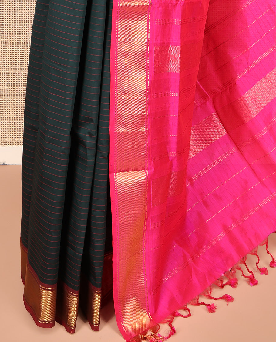 Black Striped Poly Cotton Saree, Complemented by Contrast Zari Border, Zari Design Pallu, and Paired with a Contrast Blouse