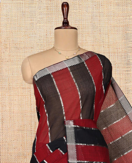 Red-Black Mangalgiri Cotton Saree, Sparsely Woven with Stripes on Its Body, Highlighted by Zari Temple Border, Zari-Striped Pallu, and Paired with a Matching Blouse