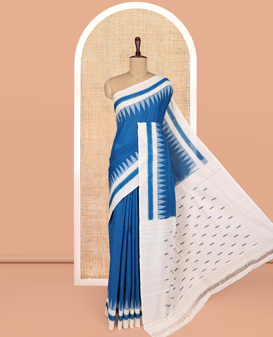 Blue Plain Ikkat Cotton Saree, Complemented by a Contrast Ikkat Temple Border, Pallu Steeped with Buttas, and Paired with a Contrast Blouse