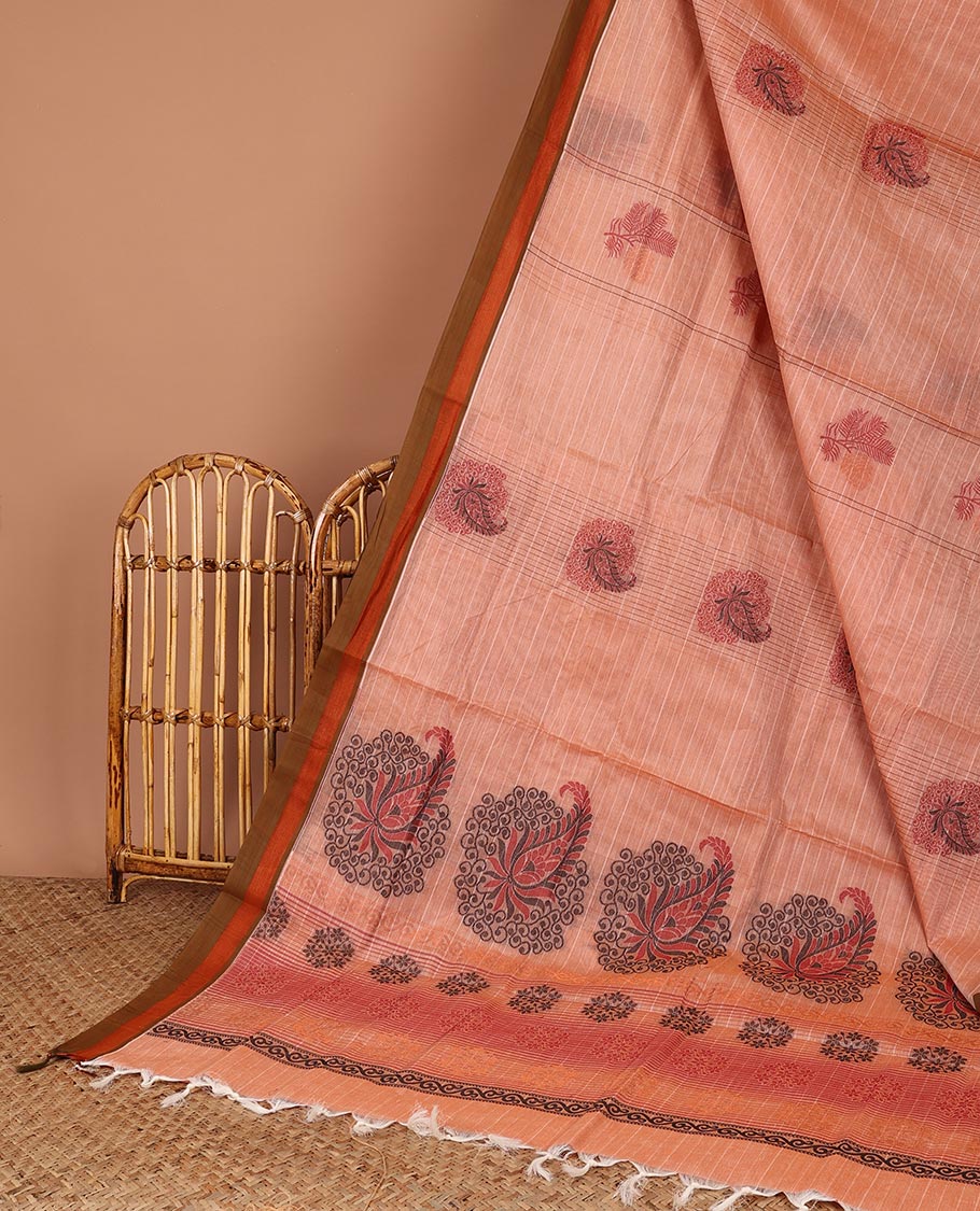 Peach-striped Coimbatore cotton saree with buttas, contrast plain border & paisley design pallu