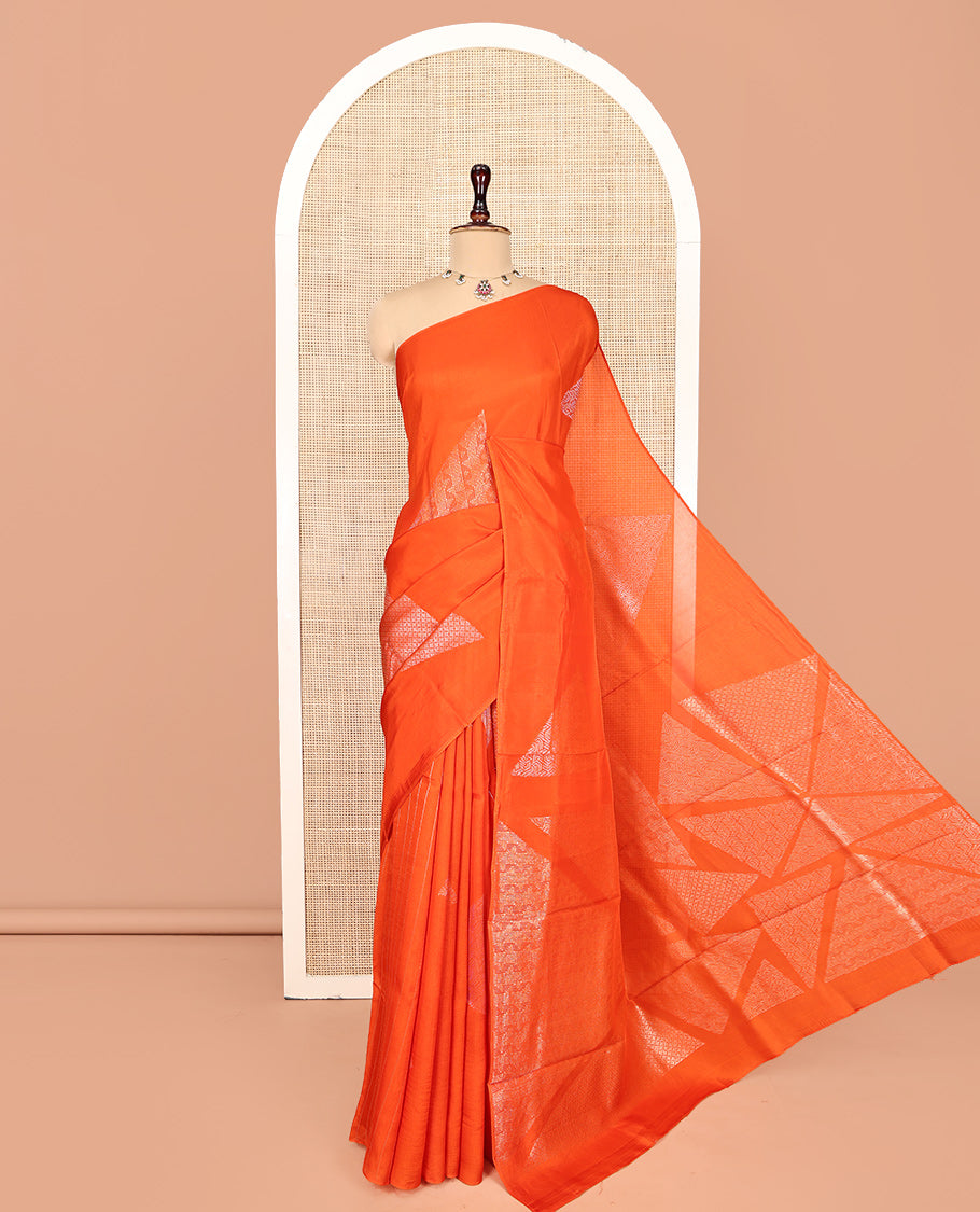 Borderless Orange Chanderi Cotton Saree, Richly Detailed with Zari Triangle Motifs Steeped All Over Its Body, Highlighted by Grand Zari Rich Pallu, and Paired with a Matching Brocade Blouse