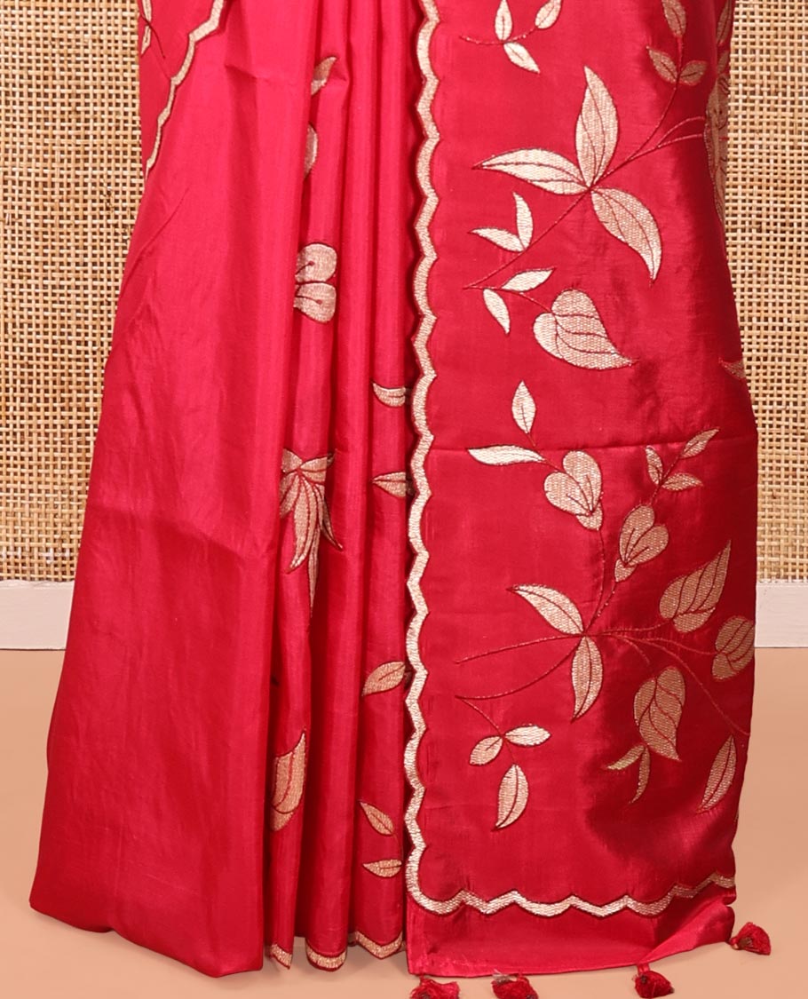 Rani Pink Dupion Silk Saree, Delicately Decked Up with Floral-Leaf Vine Embroidered On Its Body, Subtle Scallop Border, Artfully Floral Embroidered Pallu, and Paired with a Plain Blouse