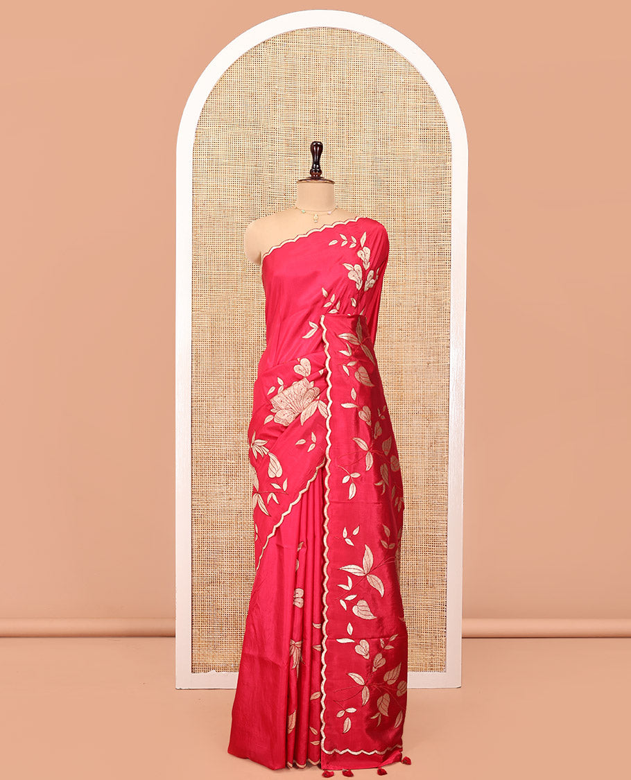Rani Pink Dupion Silk Saree, Delicately Decked Up with Floral-Leaf Vine Embroidered On Its Body, Subtle Scallop Border, Artfully Floral Embroidered Pallu, and Paired with a Plain Blouse