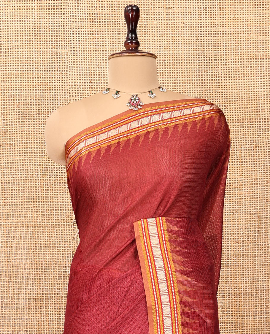 Maroon Kota Saree, Contrast Temple Thread Traditional Border, and a Contrast Blouse