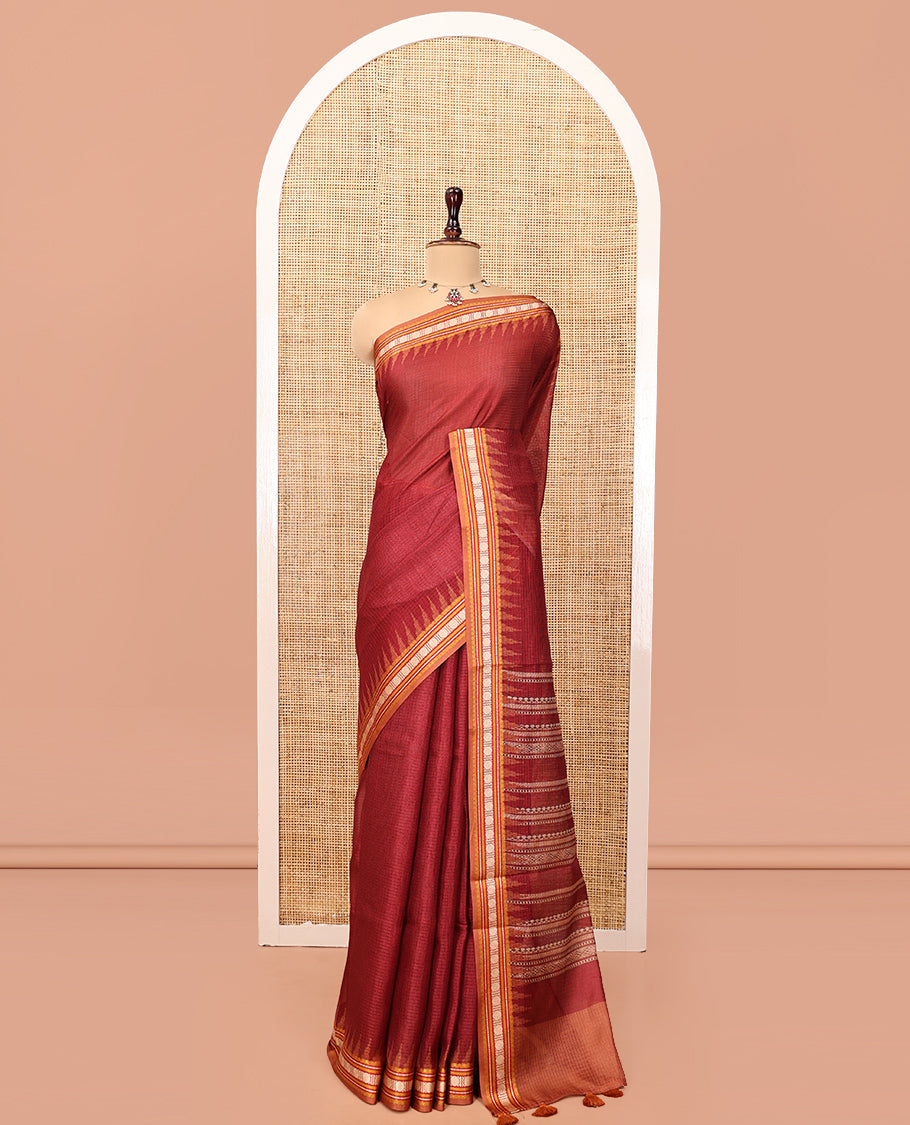 Maroon Kota Saree, Contrast Temple Thread Traditional Border, and a Contrast Blouse