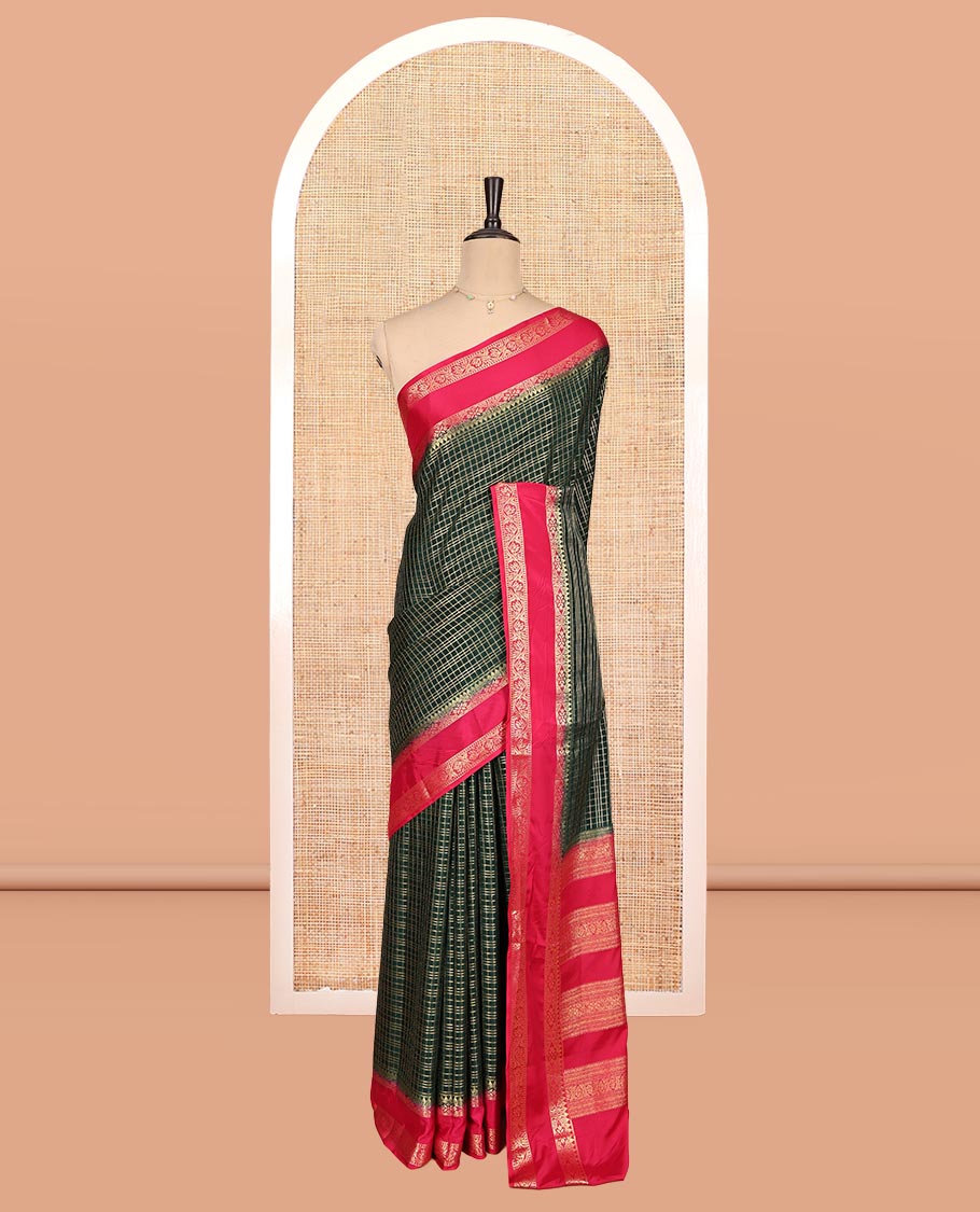 Bottle Green Fancy Mysore Silk Saree Features Checks, Contrast Traditional Double-Pet Border, Rich Pallu, Contrast Blouse