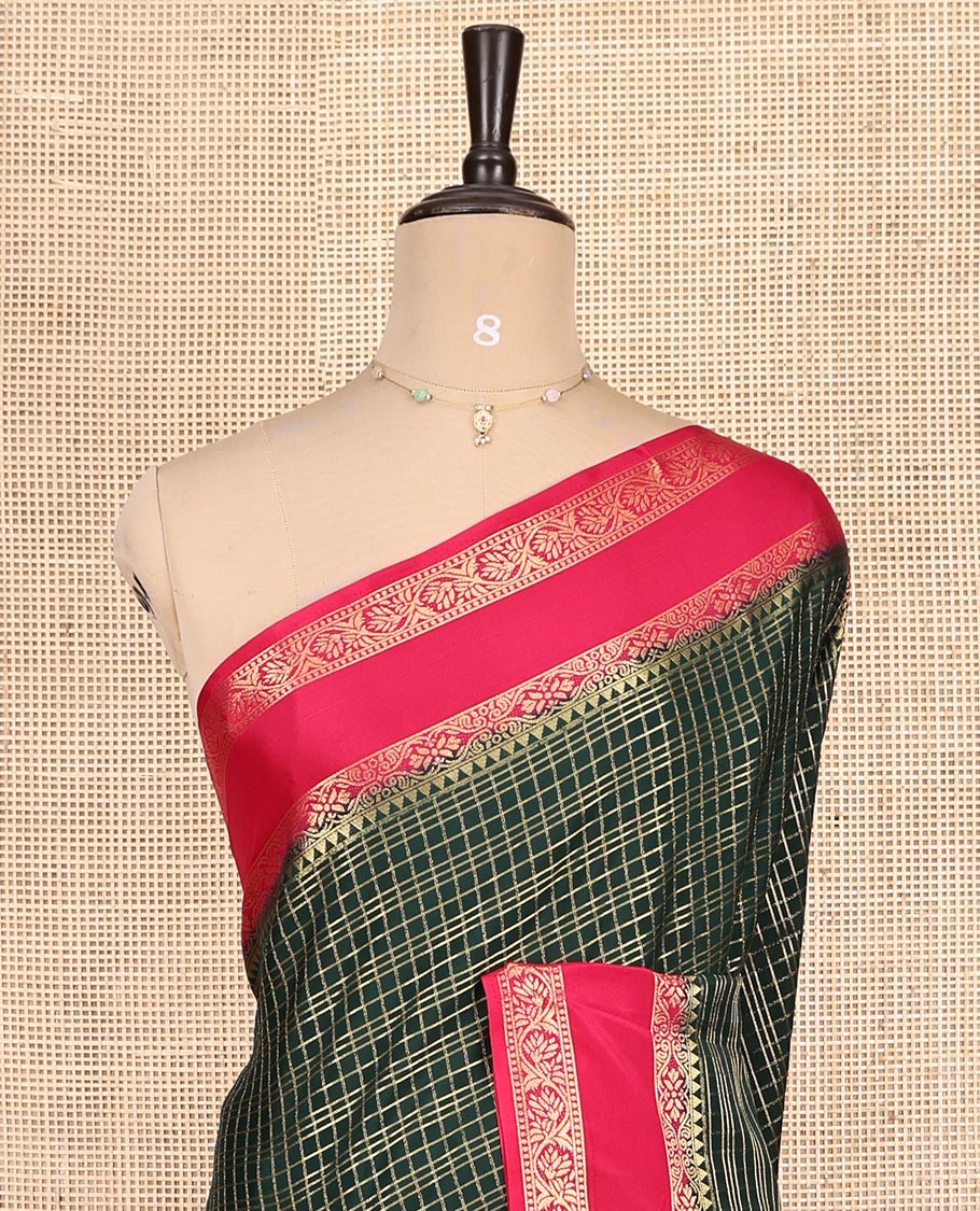 Bottle Green Fancy Mysore Silk Saree Features Checks, Contrast Traditional Double-Pet Border, Rich Pallu, Contrast Blouse