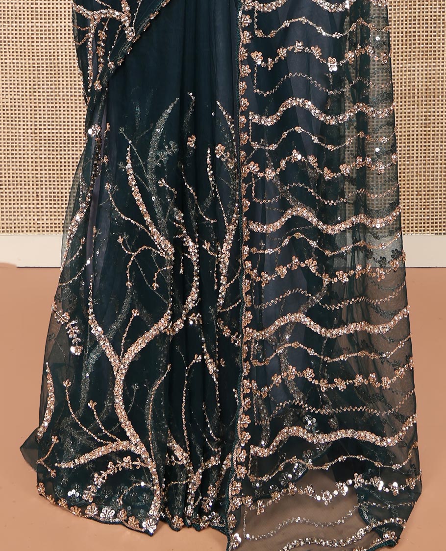 Teal Blue Zig-Zag Sequin Striped Net Designer Saree with a Matching Blouse