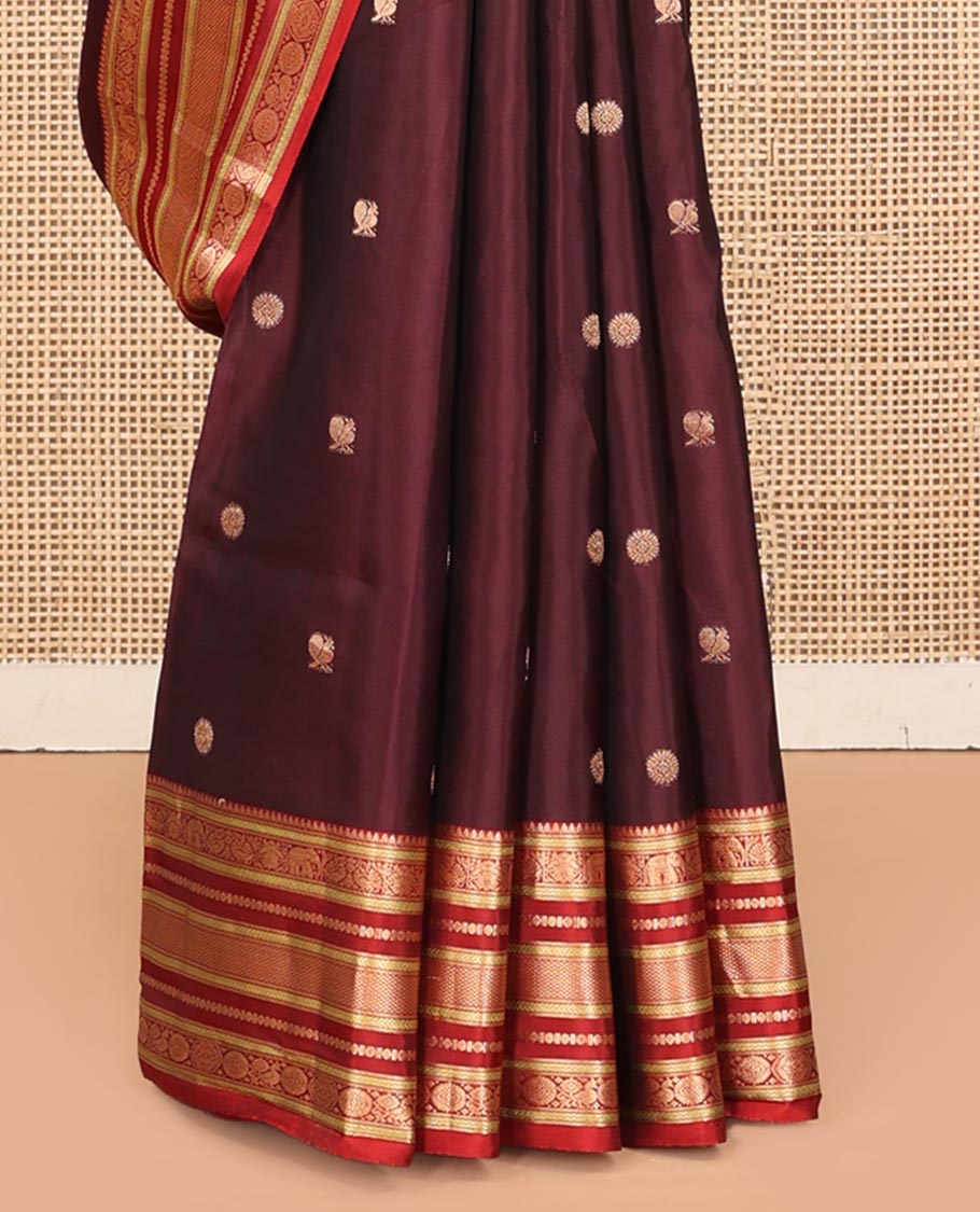 Coffee Brown Mayil-Chakra Vasundhara Lite Silk Mix Saree, Contrast Traditional Border, and Contrast Blouse