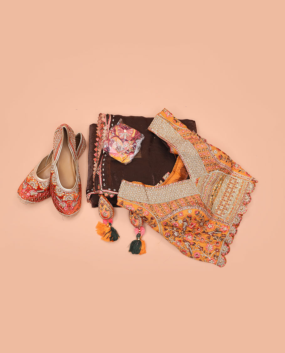 Brown Plain Designer Saree with Temple Lace Border, a Readymade Blouse, a Contrast Embroidered Belt, and a Pair of Free Embroidered Punjabi Shoes