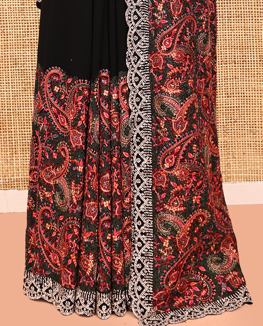 Black Designer Saree, Masterfully Woven with Paisley Embroidery, a Scallop Embroidered Border, and a Matching Blouse