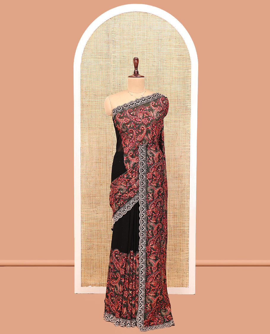 Black Designer Saree, Masterfully Woven with Paisley Embroidery, a Scallop Embroidered Border, and a Matching Blouse