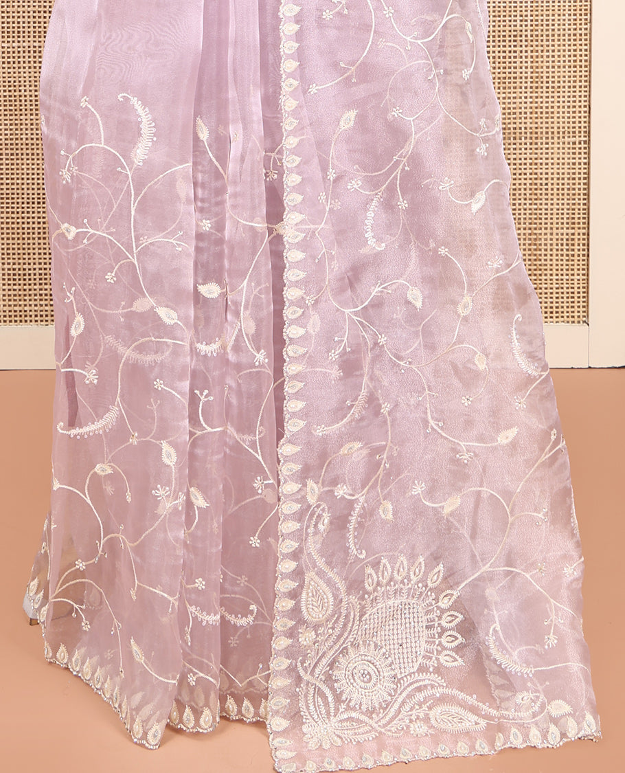 Baby Pink Designer Saree, Mesmerized with Floral Vine Embroidery, Scallop Border, and Matching Embroidered Blouse