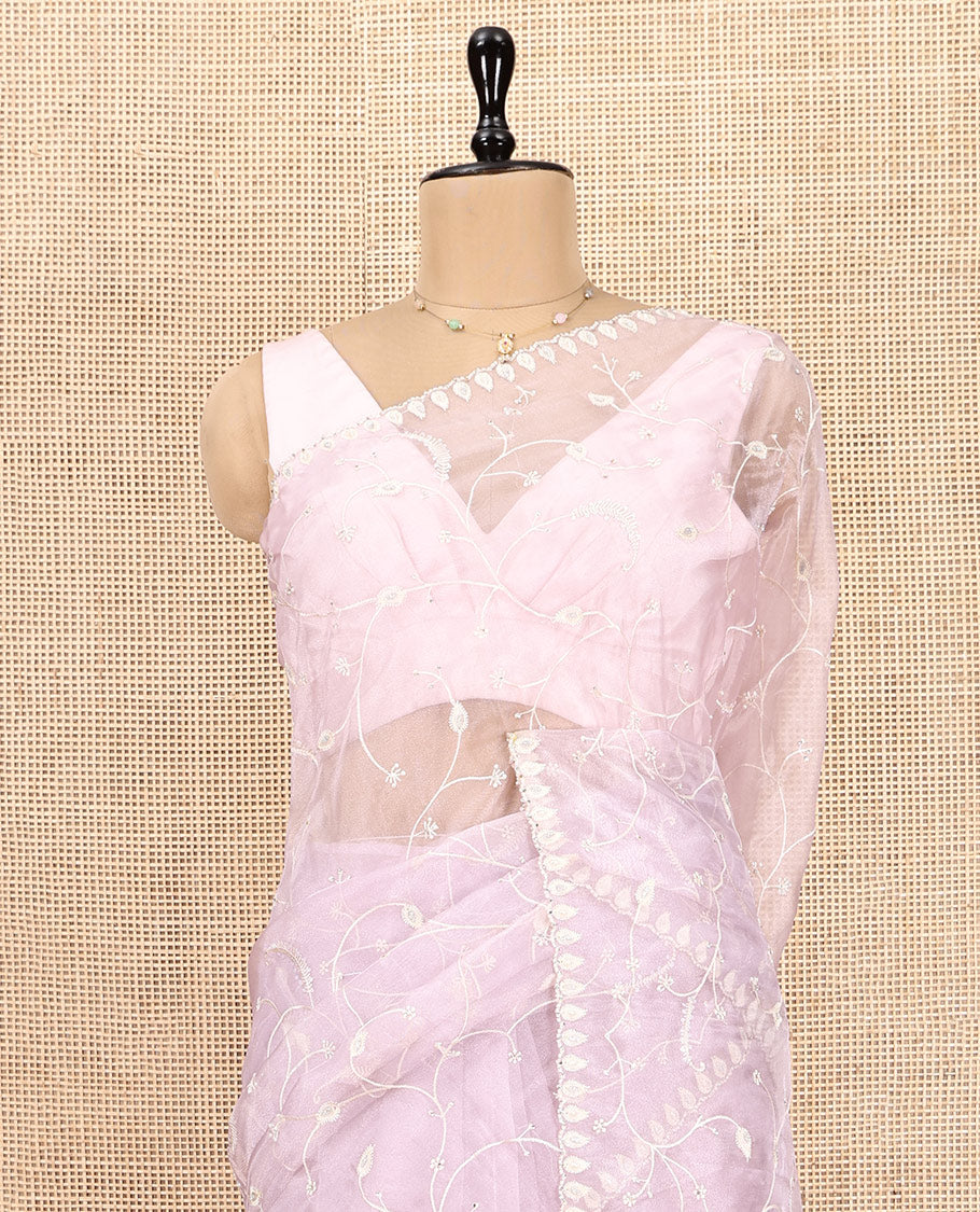 Baby Pink Designer Saree, Mesmerized with Floral Vine Embroidery, Scallop Border, and Matching Embroidered Blouse