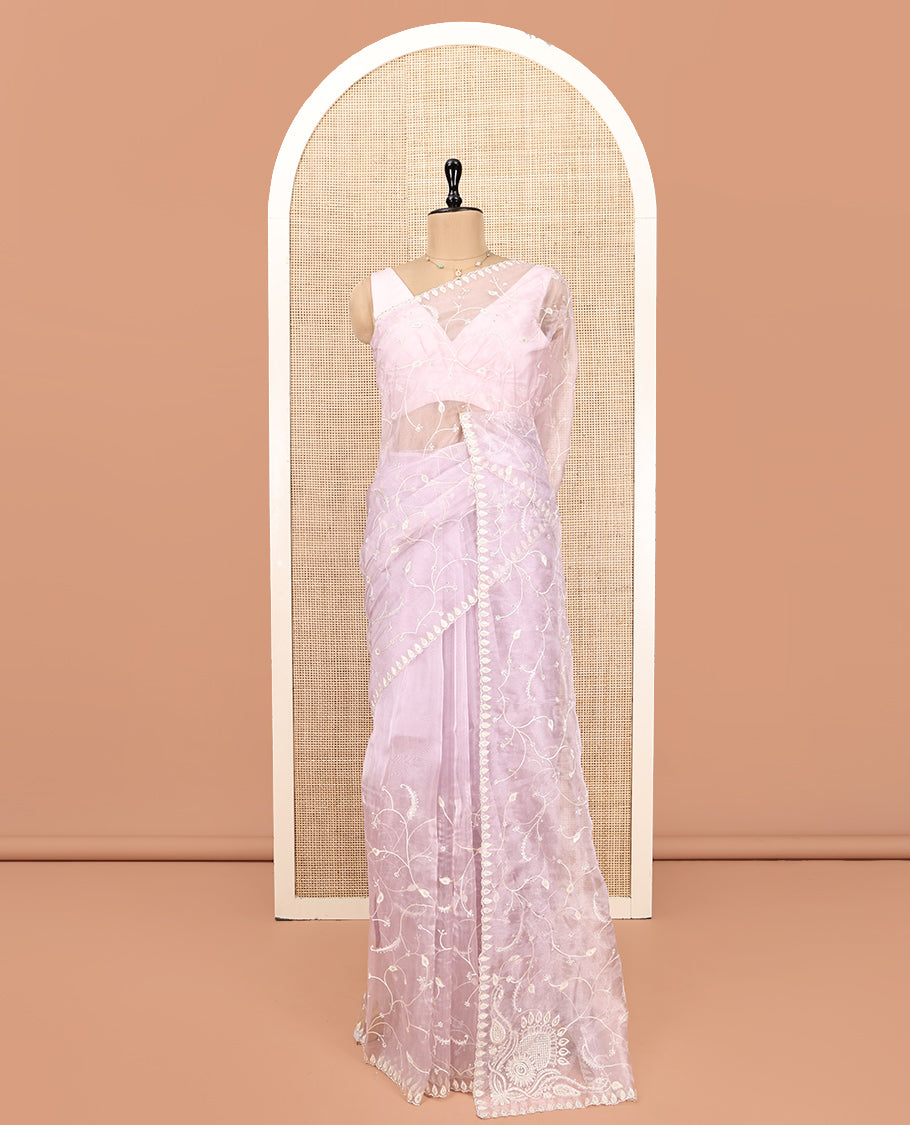 Baby Pink Designer Saree, Mesmerized with Floral Vine Embroidery, Scallop Border, and Matching Embroidered Blouse