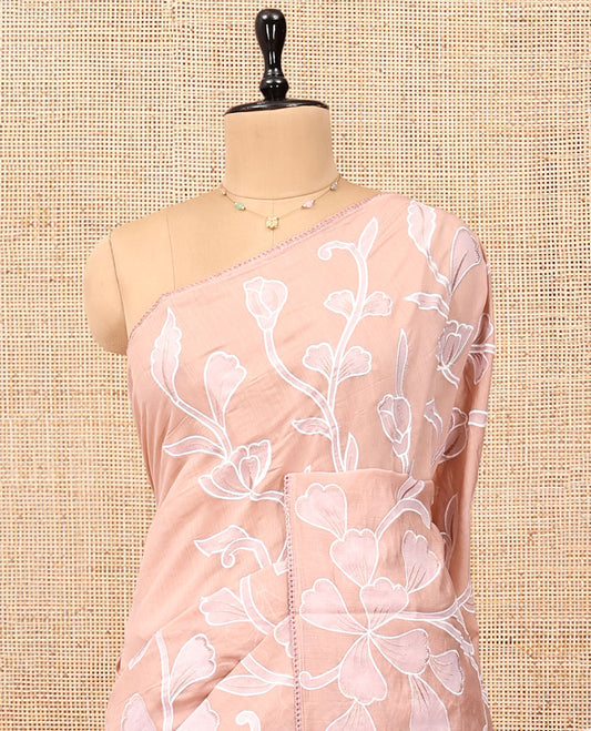 Pale Peach Organza Saree, Adorned with Floral Vine Design, a Lace Border, and a Matching Blouse