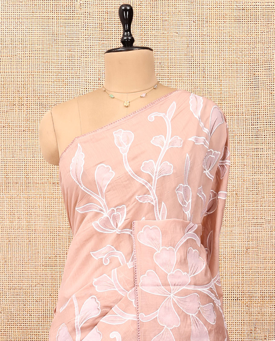 Pale Peach Organza Saree, Adorned with Floral Vine Design, a Lace Border, and a Matching Blouse